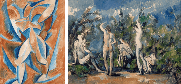 [left] Pablo Picasso, Standing Nude, 1908. Metropolitan Museum of Art, New York, Image: © The Metropolitan Museum of Art. Image source: Art Resource, NY, Artwork: © 2021 Estate of Pablo Picasso / Artists Rights Society (ARS), New York [right] Paul Cézanne, Five Bathers, 1900-1904. Musée d’Orsay, Paris (Anonymous donation subject to usufruct), Image: © RMN-Grand Palais / Art Resource, NY